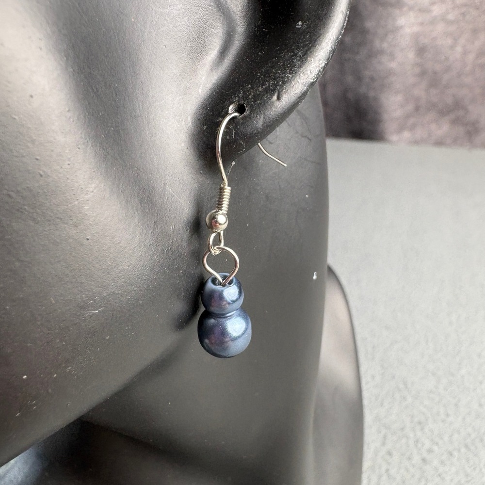 Handmade Navy Blue Faux Pearl Double Bead Drop Earrings Silver Tone Fishhook